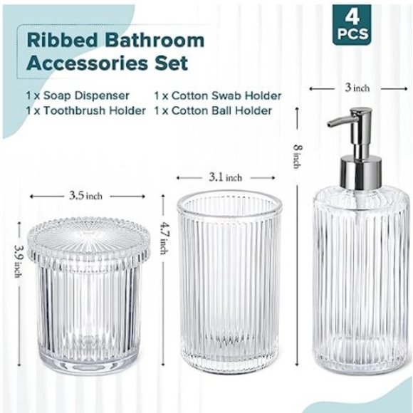 4 pc - Ribbed Glass Bathroom Accessory Set  (Clear) - Picture 2 of 10